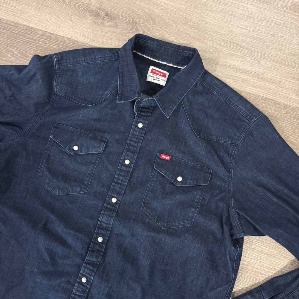 Wrangler Denim Shirt Mens XL Blue Long Sleeve Pearl Snap Western Workwear